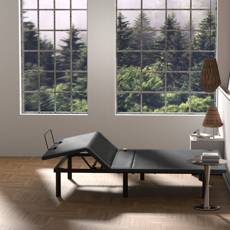 Grand lit réglable Btx4 - Pied réglable, pliable au centre, tissu d'ameublement tissé, télécommande sans fil, noir et gris et réglable, facile à assembler, + base