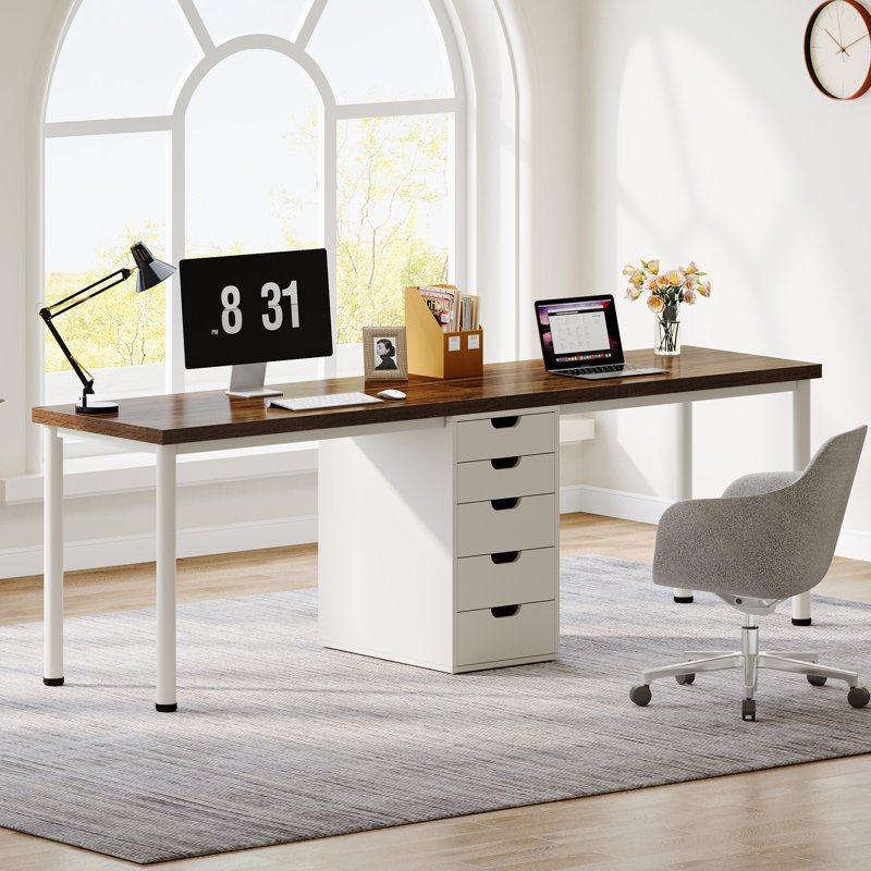 78.7 Inches Two Person Computer Desk With 5 Drawers, Brown/White