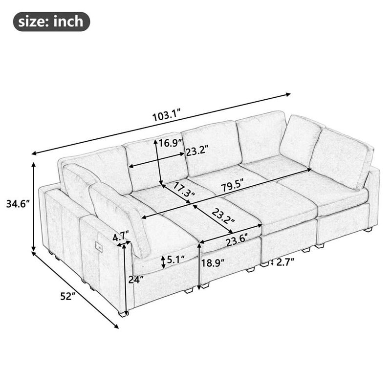 103" Beige Chenille Fabric Sectional Sofa with Ottoman