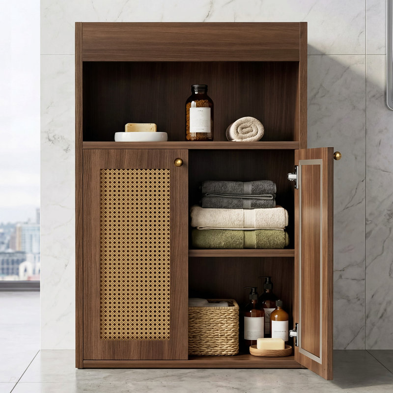 Armoire de rangement pour salle de bain avec 2 portes en rotin, autoportante avec tablette réglable et rangement ouvert pour le salon, le couloir