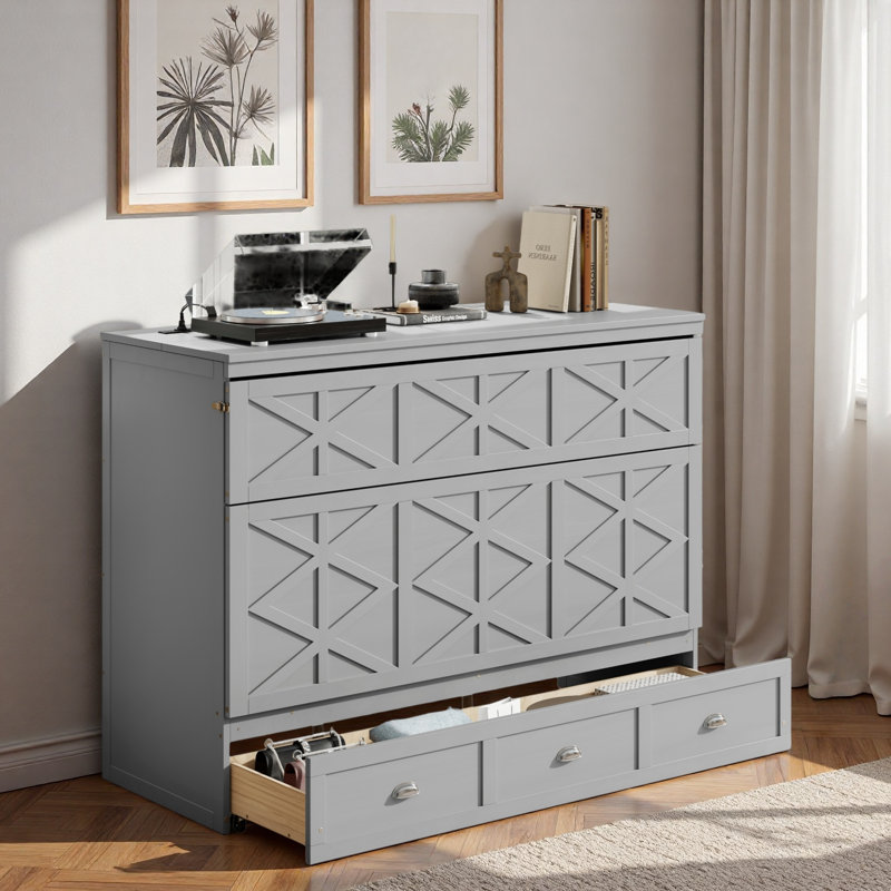 Lit escamotable avec grands tiroirs et USB, gris