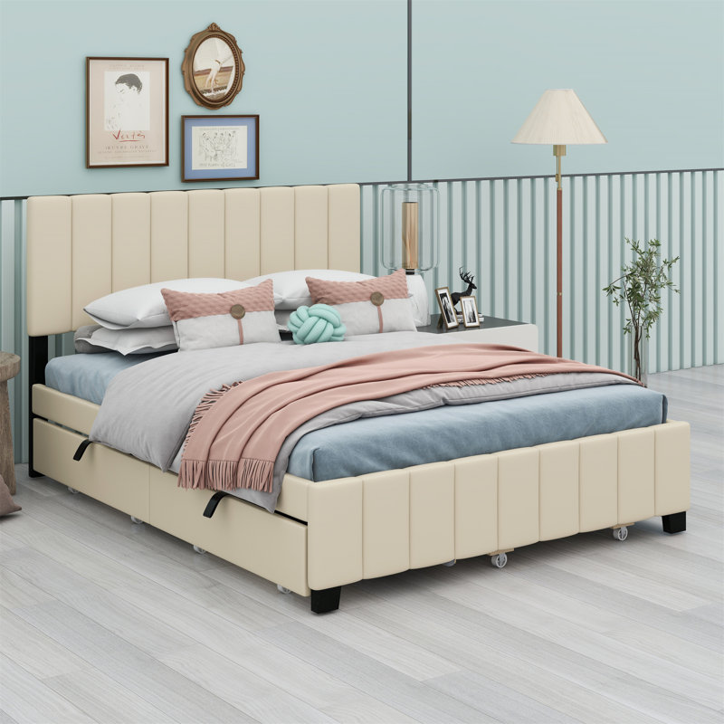 Lit plateforme tapissier avec 2 tiroirs et lit gigogne, Beige