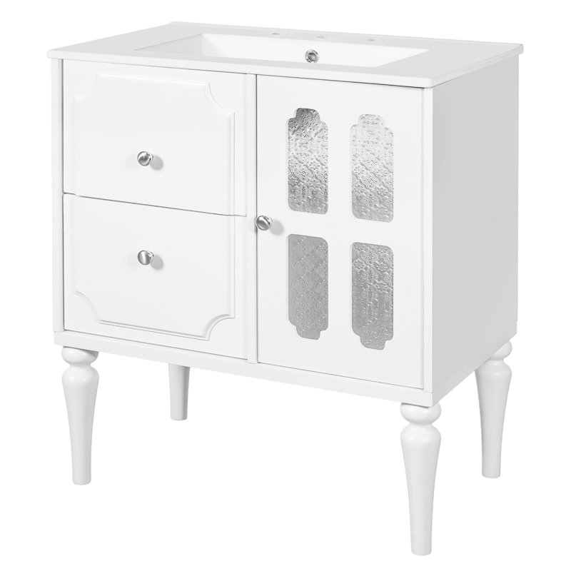 Meuble-lavabo rétro blanc 30 po avec lavabo en céramique, meuble-lavabo simple autoportant, 2 tiroirs, rangement dissimulé, charnières à fermeture en douceur et tiroirs en métal argenté pour cadre en bois massif peint et imperméable