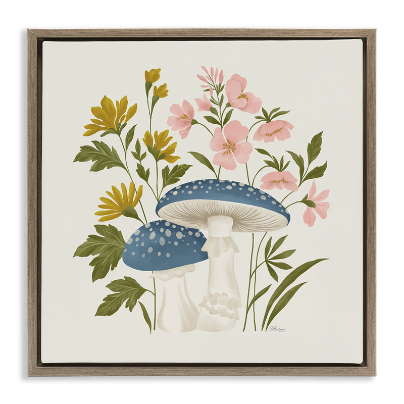 Cadre flottant bleu avec champignons et fleurs sauvages, design par Cat Thurman Designs, H 18 po x l 18 po