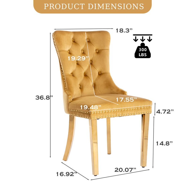Chaise d'appoint de salle à manger en velours avec pieds plaqués or Jaqua (ensemble de 2), Jaune