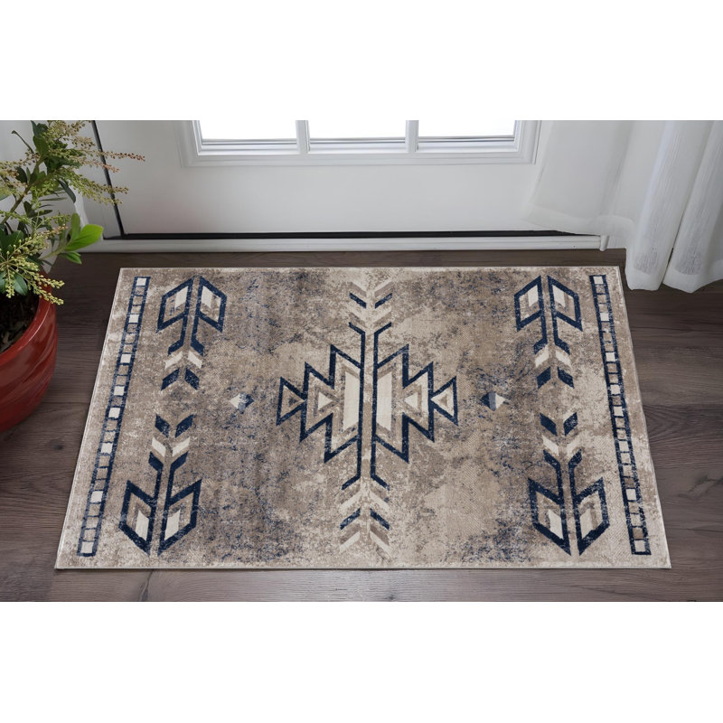 2' X 5' Blue And Beige Abstract Area Rug