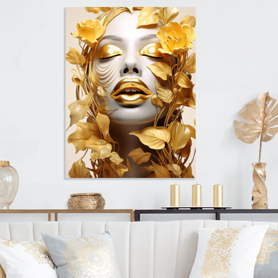 Portrait de femme blanche et dorée avec feuilles I - mode femme, art mural en métal