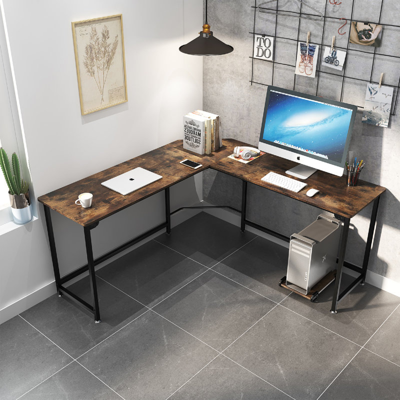 L-Shaped Metal Base Writing Desk, Rustic Brown
