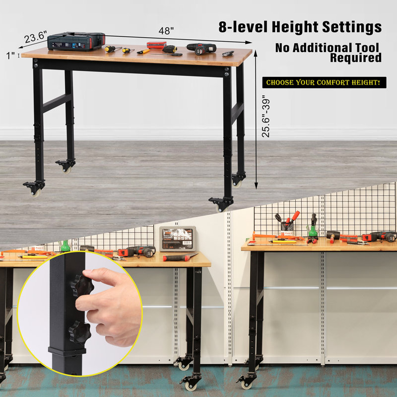 48'' Adjustable Height Oak and Steel Workbench with Wheels