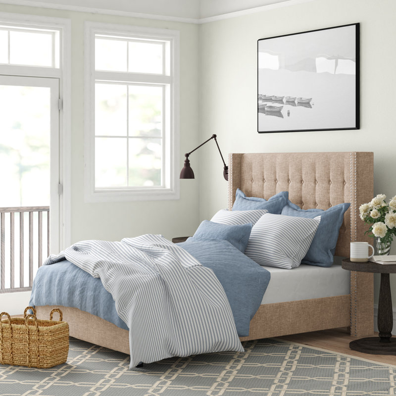 Achenbach Upholstered Wingback Bed, Queen, Beige Linen