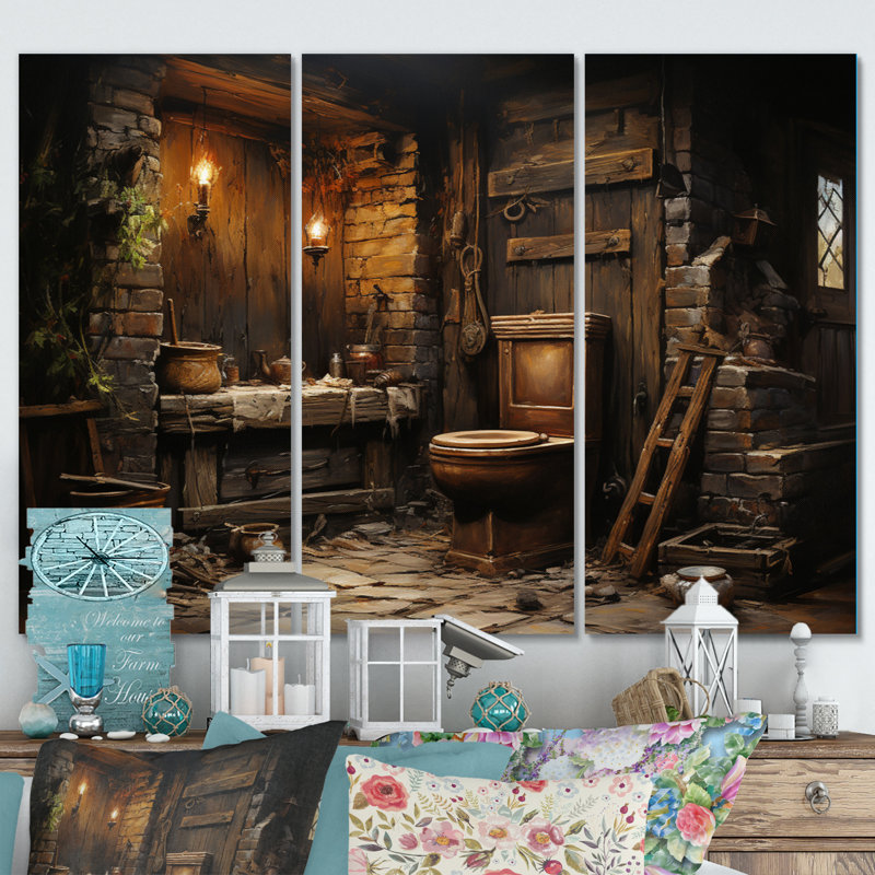 "Bathroom Bathroom", impression rustique sur toile 3 pièces, H 32 po x l 48 po x P 1 po