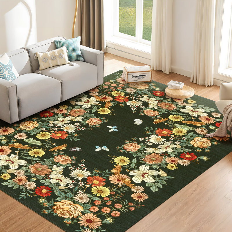 Rugs for Living Room 4x6, Washable Floral Area Rug Non Slip Soft, Low Pile Ultra-Thin Carpet for Entryway, Kitchen, Bedroom, Dark Green