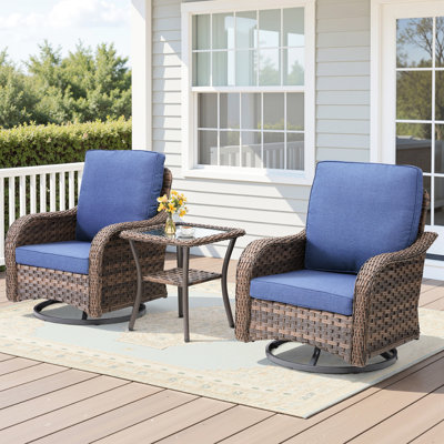 Ensemble de 3 pièces de mobilier d'extérieur bleu, bistro de patio avec table d'appoint, chaise berçante pivotante, pivotement à 360 degrés, acier thermolaqué, sièges confortables, coussins, assemblage rapide de haut profilé,