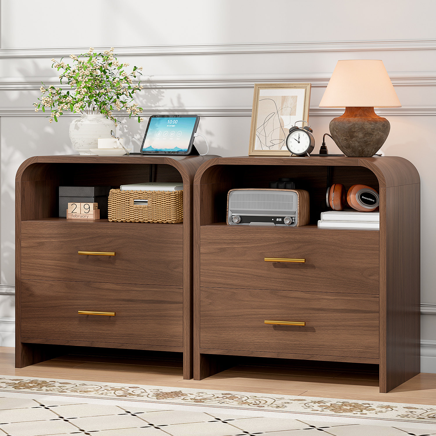 Latitude Run® 2 Drawers Nightstand Set, Mid Century Modern Bedside Table With Charging Station, 23.6'' Wide Wood End Table For Bedroom, Curved Profile Design, Walnut (Set Of 2) | Wayfair