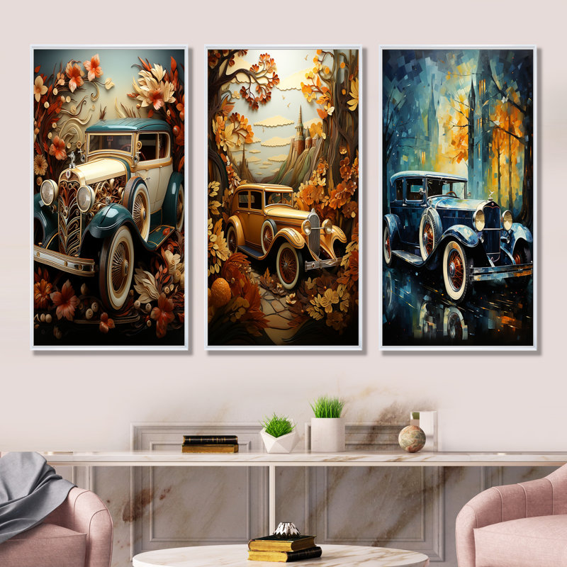 Voiture rétro des années 1930, collage de nostalgie, Cadre flottant blanc, H 40 po x l 60 po