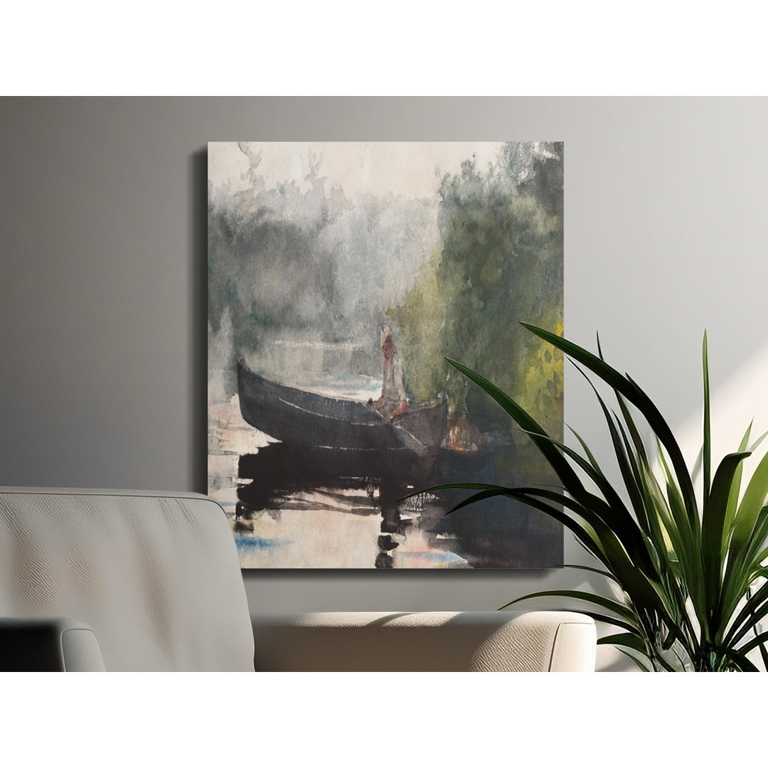 Serene Lake Boat Watercolor Canvas Print, Vintage Rustic Wall Art, Peaceful Misty Landscape Art