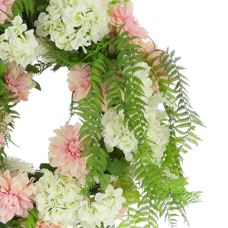 25" Spring Wreath with Dahlias, Hydrangeas and Hanging Ferns