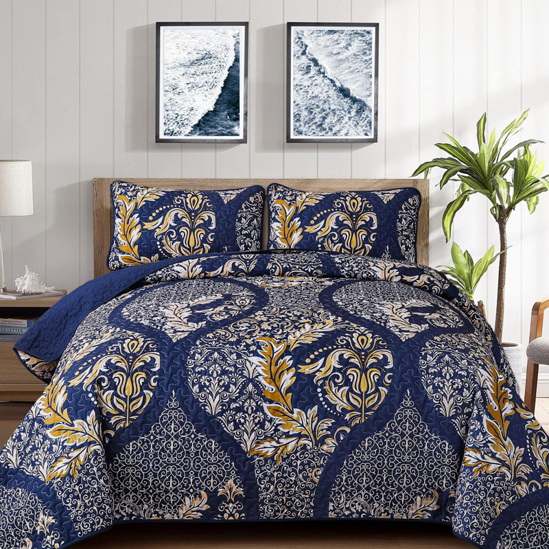Ensemble de couvre-lit 3 pièces Boho, Bleu marine/doré, Courtepointe de grande taille et 1 taie d'oreiller