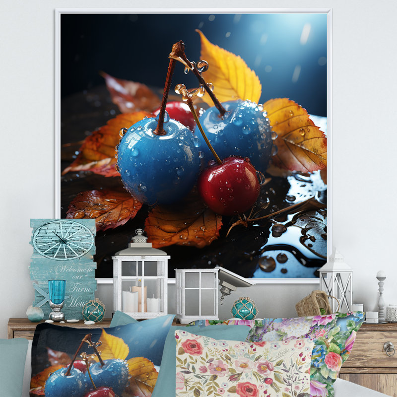 «Blue Autumnal Cherry Glass» - art mural cerise, Cadre flottant blanc, 36" H x 36" W