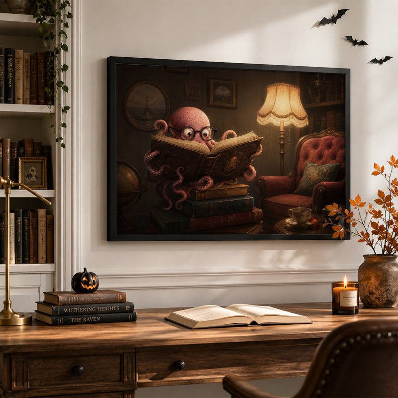 Pieuvre rose avec lunettes et livre de lecture sur toile rétro d'Halloween, H 12 po x l 18 po