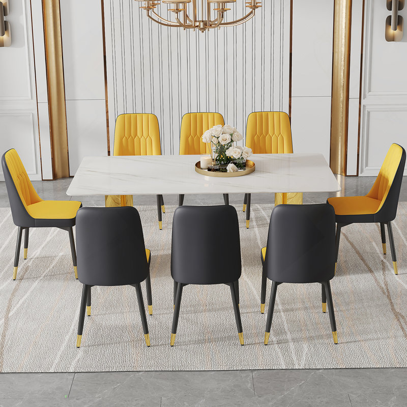 Ensemble de table de salle à manger 9 pièces, table avec plateau en verre et pieds en acier inoxydable et 8 chaises de salle à manger