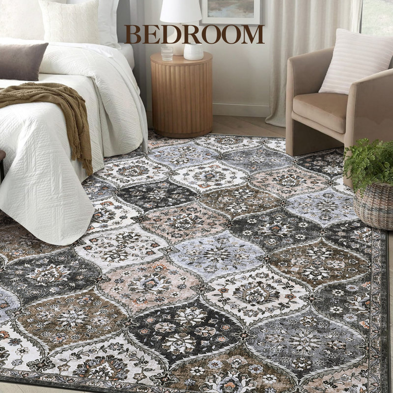 Tapis de salon fleuri 240 x 300 cm, grand tapis d'appoint oriental avec envers antidérapant, tapis de sol imprimé pliable, tapis d'intérieur traditionnel ne peluche pas pour chambre, salle à manger, cuisine, gris-brun