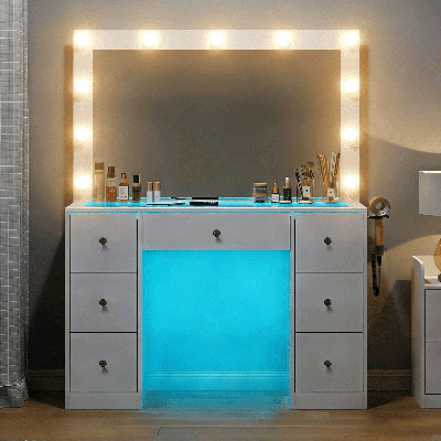 Bureau de coiffeuse à DEL avec miroir, table de maquillage avec prise de courant et 11 lumières, coiffeuse avec 7 tiroirs et tabouret rembourré pour chambre à coucher, vestiaire, blanc