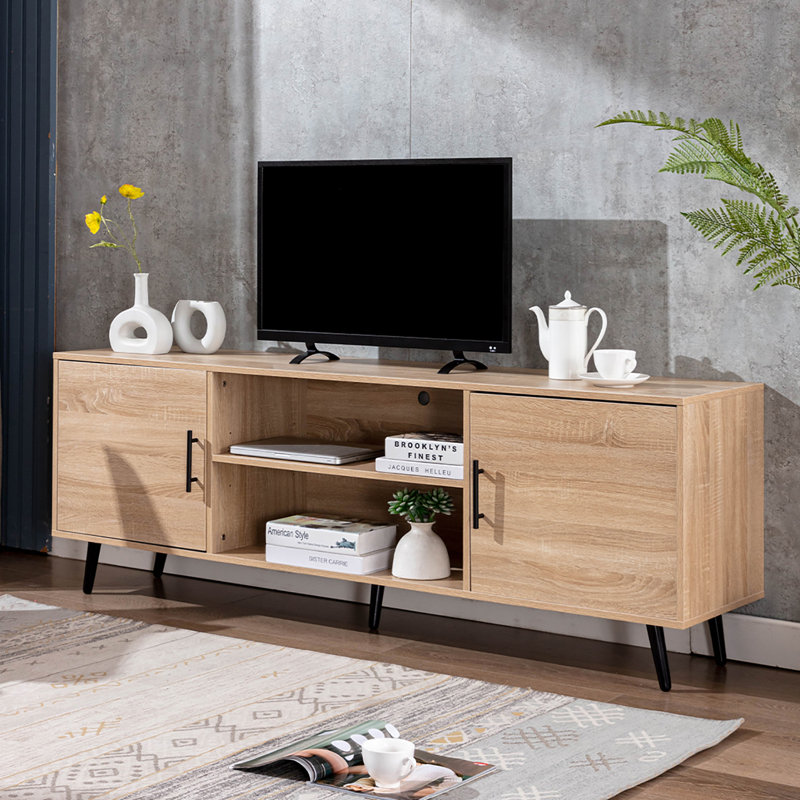 Meuble télé 70 po de style moderne Mid-Century pour téléviseur de 75 pouces, meuble audio-vidéo avec rangement en bois, meuble multimédia pour salon et chambre à coucher