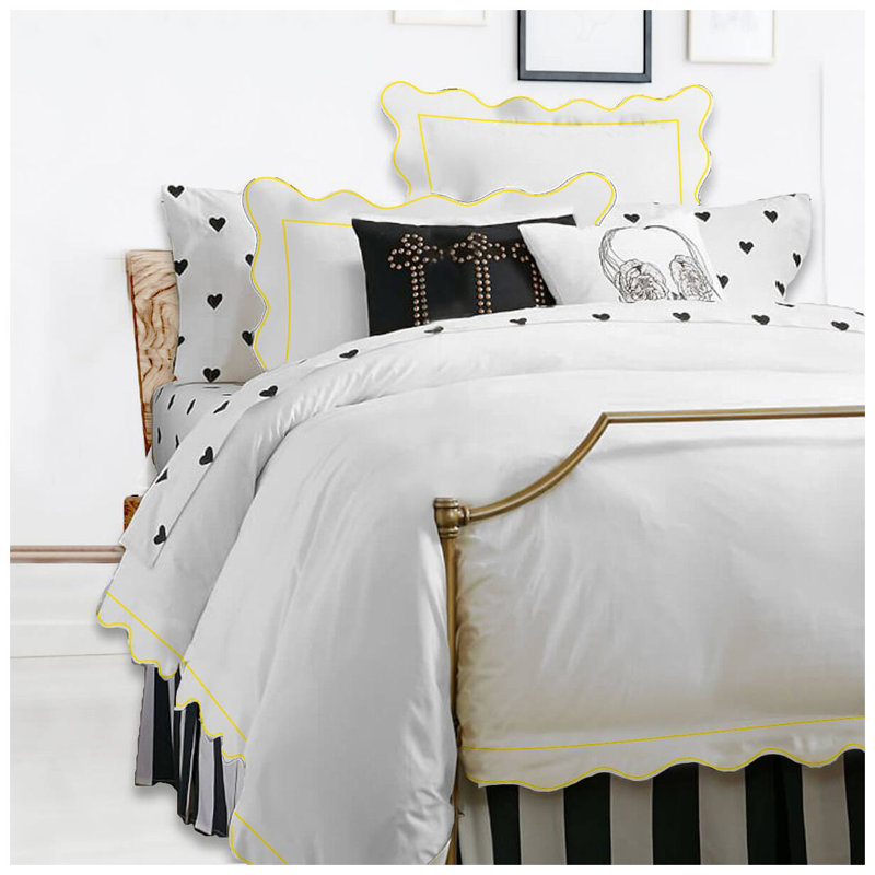 400TC Cotton Scallop Embroidery & Border Sateen Solid Duvet Cover Set, Full/Queen Duvet Cover, White/Yellow