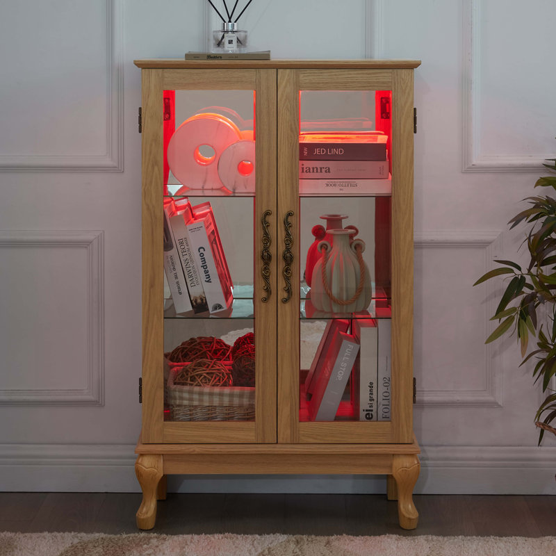 Elegant Light Oak Curio Cabinet With Tempered Glass Doors, Light Oak