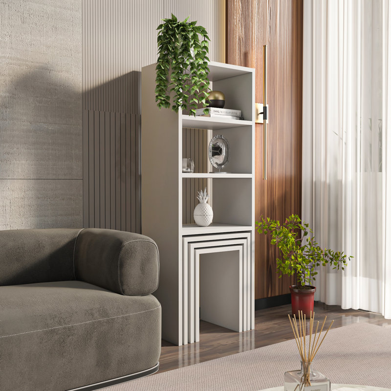 Melo 121cm H x 43.6cm W Bookcase with 3 Pieces Coffee Table Set, White