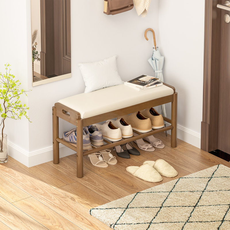 Entryway Shoe Storage Bench, 2-tier Wood Shoe Rack With Cushion, Padded Seat Entryway Organizer With Shelf & Hidden Storage For Entry, Hallway, Living Room, Bedroom, Closet (walnut, 31.5")