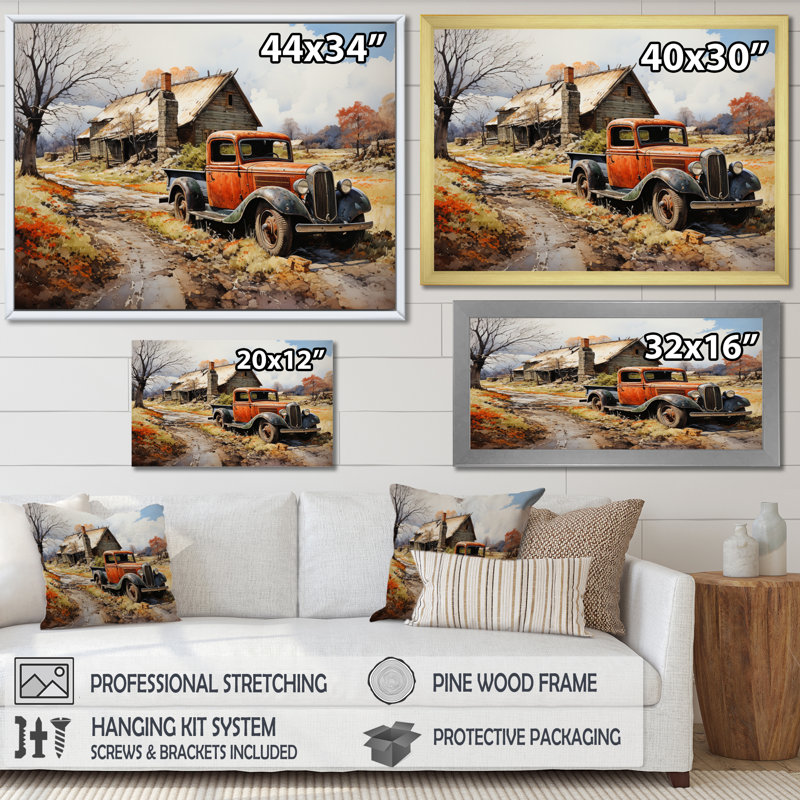 Coral Pickup Truck Road Legends II - Transportation Wall Art Living Room, Cadre flottant doré, 34" H x 44" W
