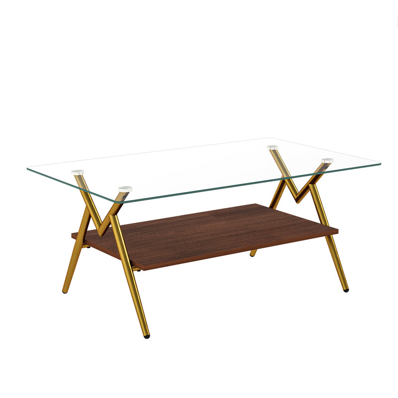 Table basse rectangulaire avec plateau en verre trempé et pieds en métal doré, table moderne pour le salon, verre transparent