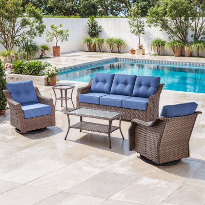 Acton 5 - Pieces Outdoor Wicker Sofa Seating Group With Table And 6" Thick Cushions