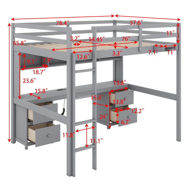 Lit mezzanine avec bureau, armoires, tiroirs et plateau de chevet, station de charge, Gris