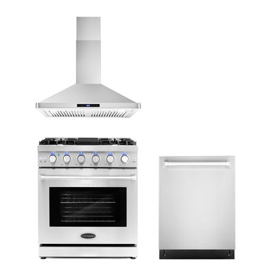 Cosmo 3 Piece Kitchen Appliance Package with Gas Freestanding Built-In Wall Mount Range Hood