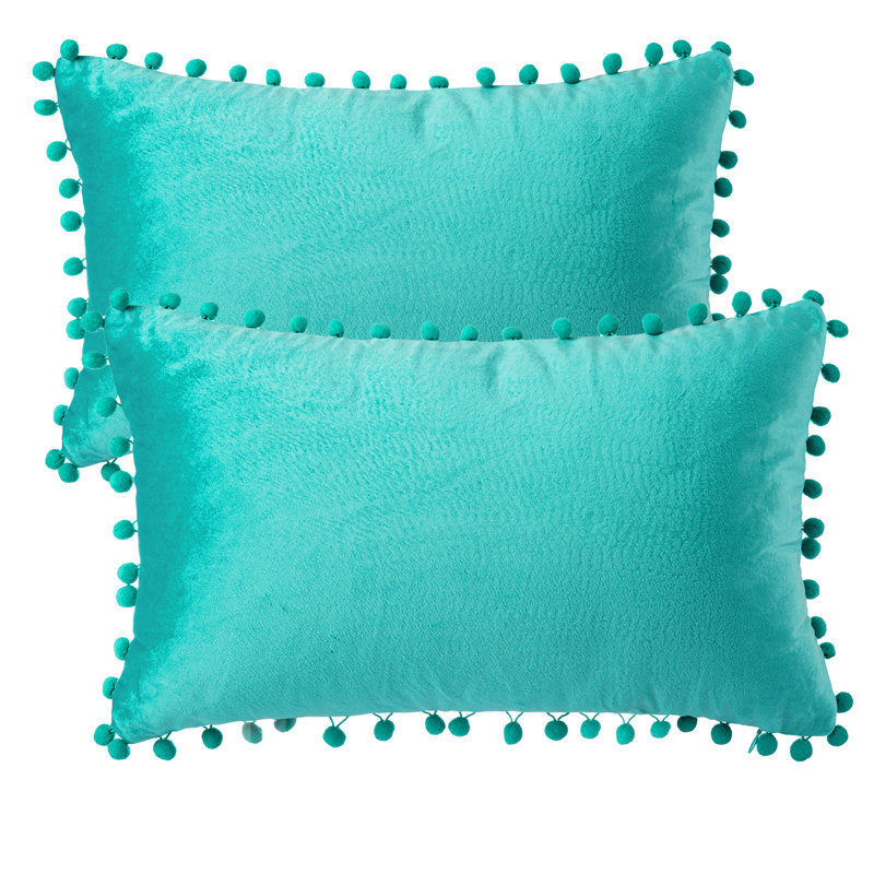 Coussin Silky Velvet Series Pom-poms, Turquoise, Housse de coussin et insert, Rectangle H 12 po x l 20 po