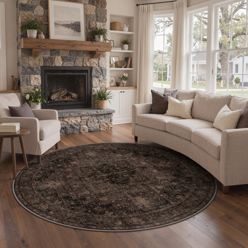 Tiyler Oriental Performance Charcoal / Chocolate 5' Round Rug, Machine Washable, Round 5'