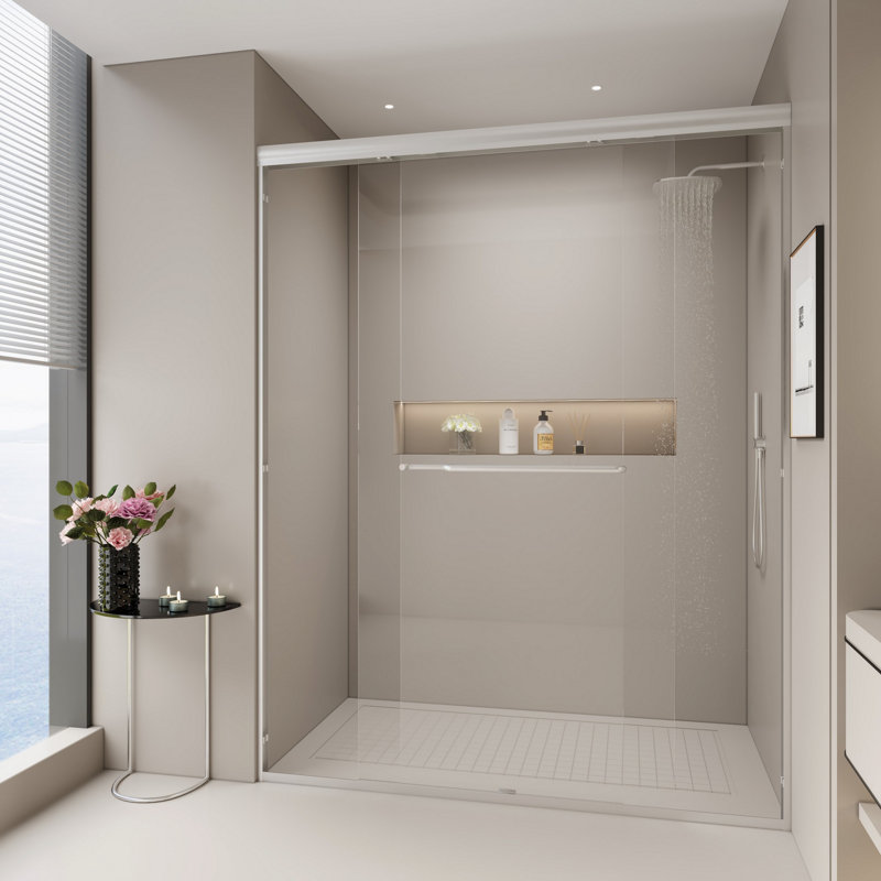 Porte de douche semi-sans cadre, porte coulissante en verre trempé pour la salle de bain, Nickel brossé