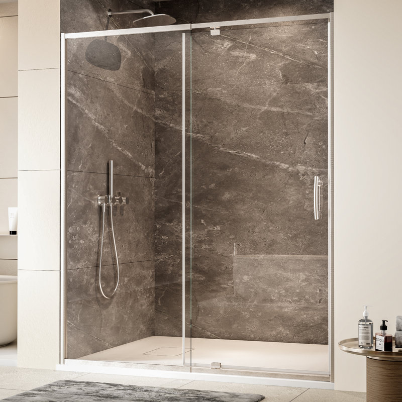 Porte de douche pivotante semi-sans cadre avec verre trempé 1/4 ", L 60 po x H 71 po, Nickel brossé