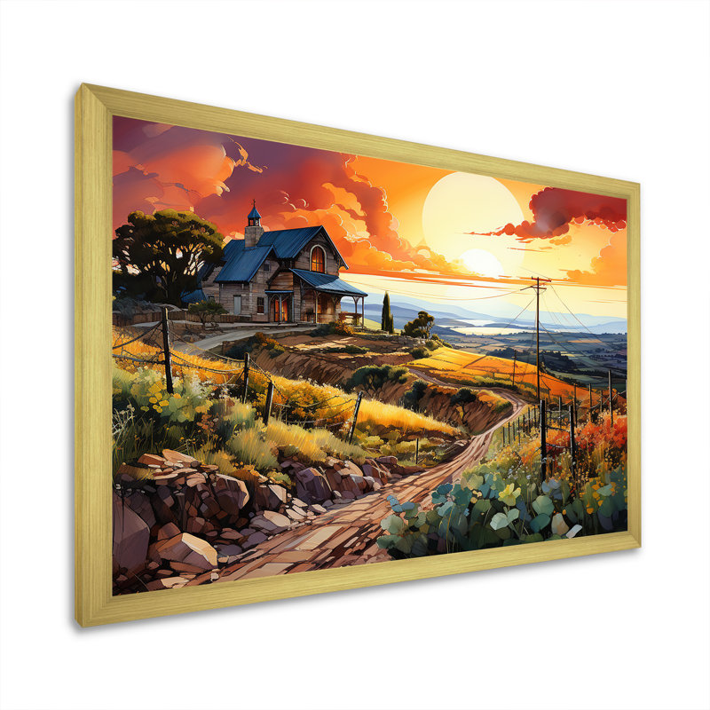 Vineyard Sunset - Vineyard Wall Art Living Room, Cadre doré simple, H 34 po x l 44 po x P 1,5 po