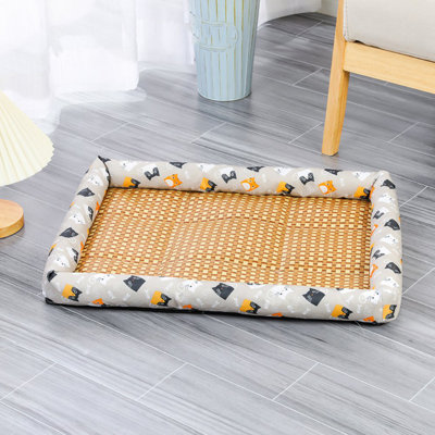 35*28in Animal Print Pet Sleeping Pad,washable Rattan Woven Cooling Bed For Dog&cat,dog Breathable Square Nest With Pillow,gray