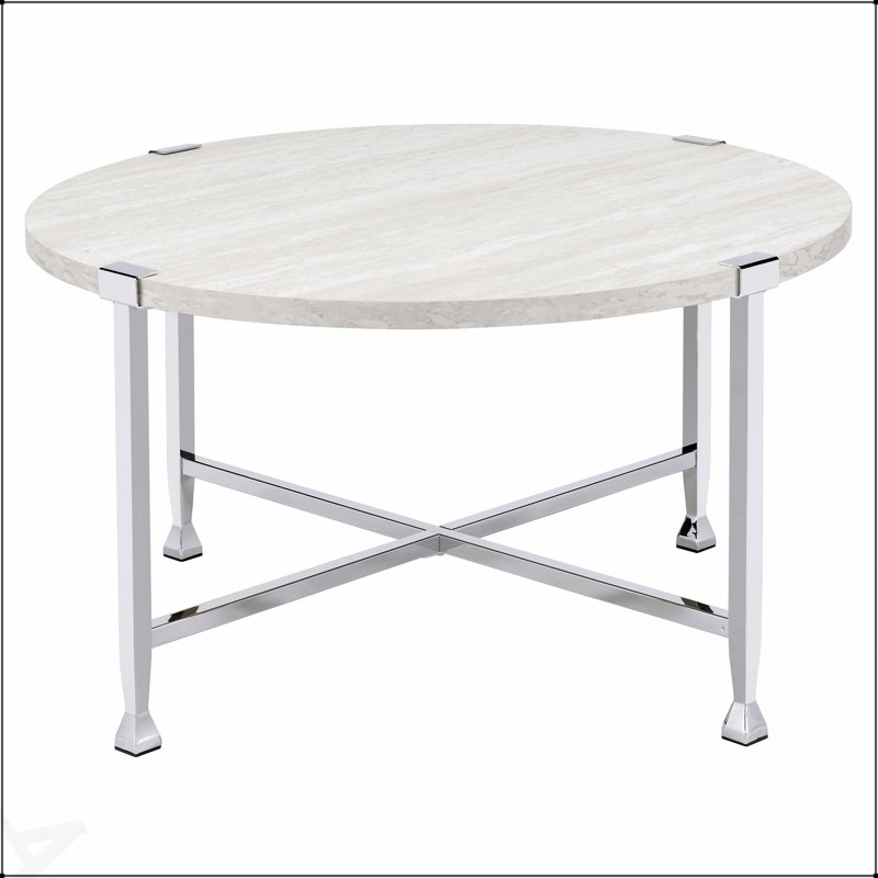 Table basse ronde en chêne blanc et chrome, élégance moderne et charme industriel pour les espaces de vie contemporains.