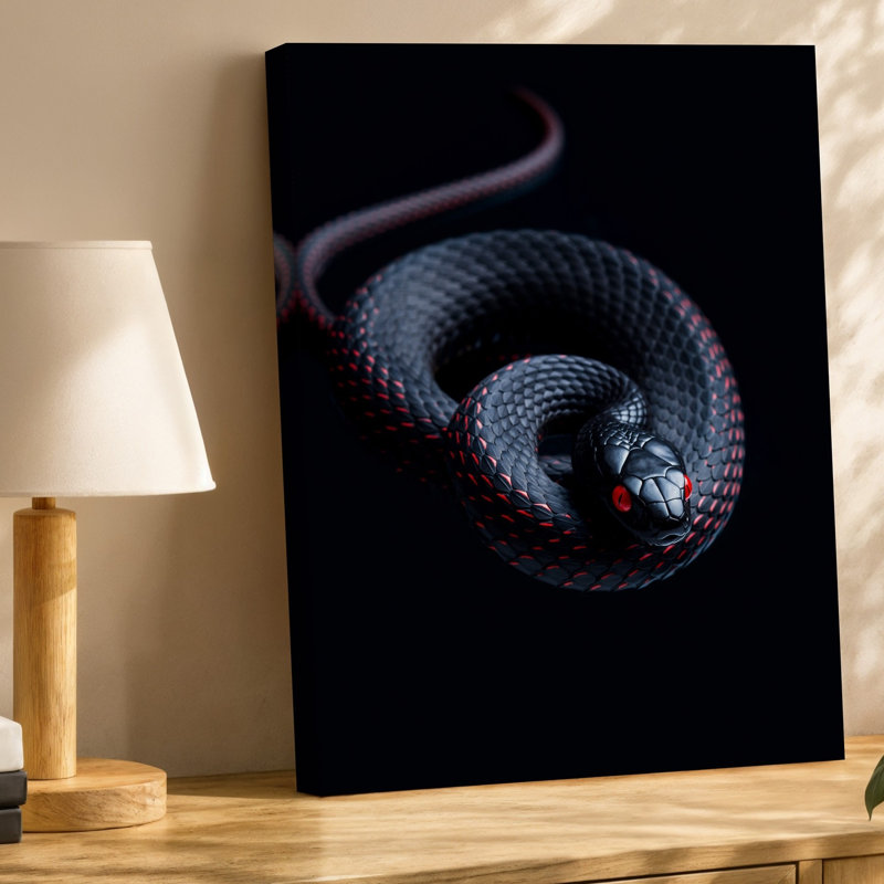 Toile Un serpent noir saisissant enroulé dans une élégante pose présentant des échelles texturées et brillantes qui reflètent la lumière dans une toile