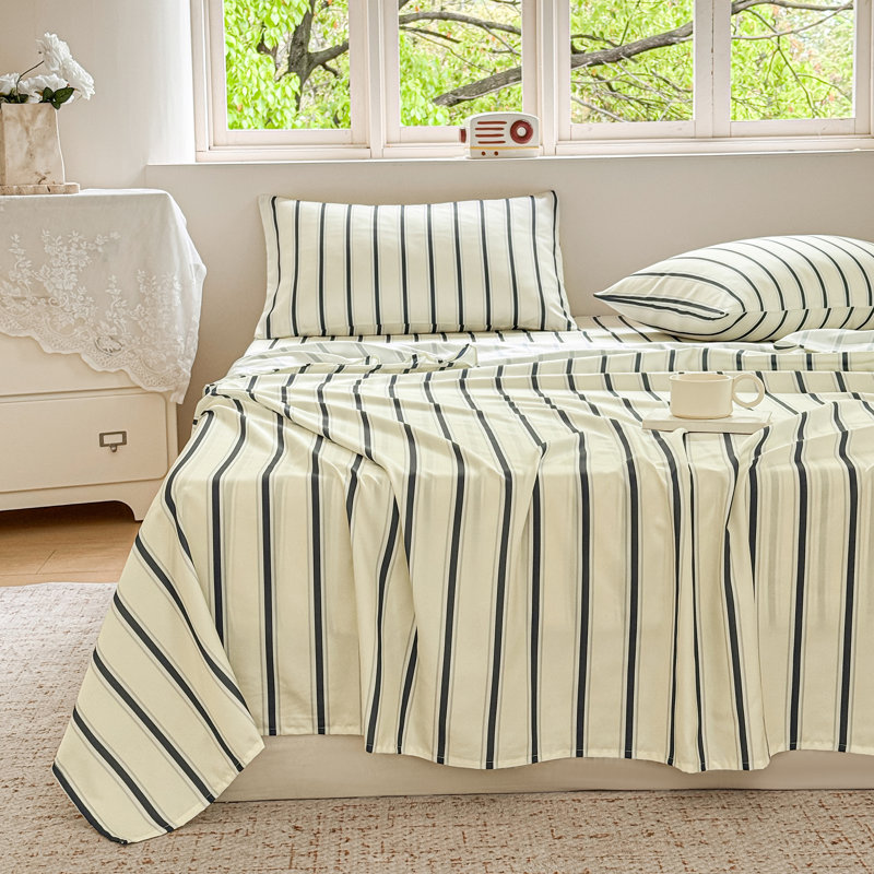 Draps en percale rayée, draps de lit en microfibre douce prélavée à fines rayures, ensemble de draps de style ferme avec poches profondes