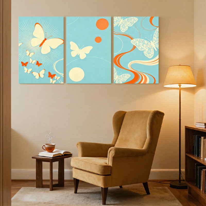 Motif de papillon abstrait avec accents orange et blancs, ensemble de 3 impressions sur toile, H 18 po x l 36 po