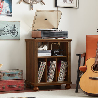 Record Player Stand With Charging Station Up To 200 Albums, 24" Wide Mid-Century Record Player Table With Vinyl Record Storage,Large Wood Turntable Stand Dispaly Cabinet For Living Room