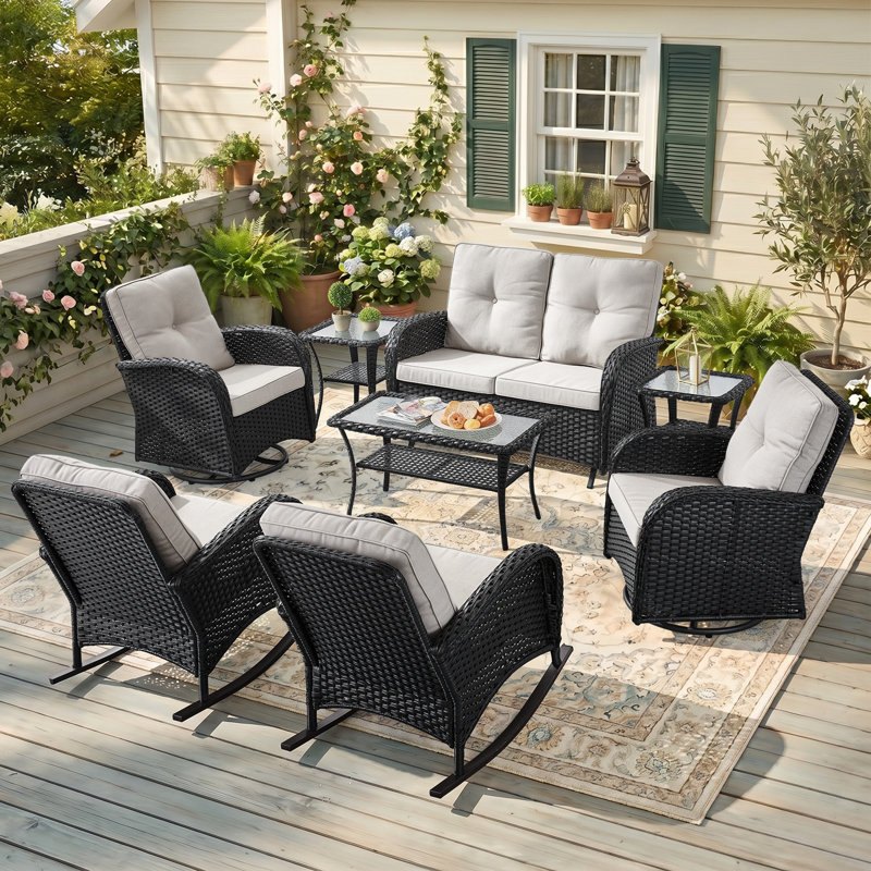 Ensemble de conversation 8 pièces avec chaises berçantes et pivotantes pour l'extérieur, Beige, Noir
