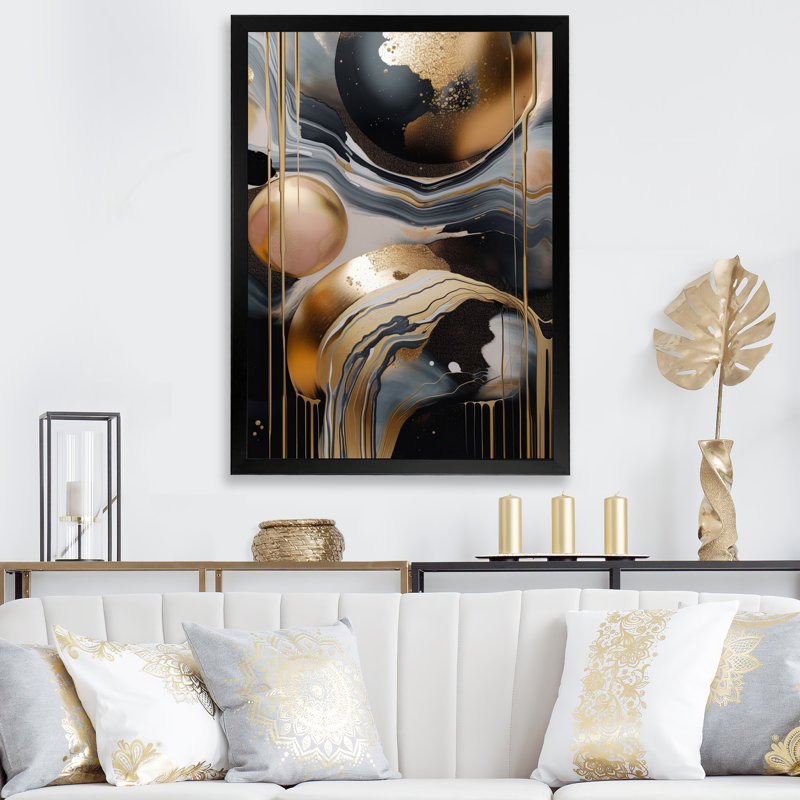 " Gold And Black Marbled Euphoria V ", Black Picture Framed Canvas, 20" H x 12" W x 1" D